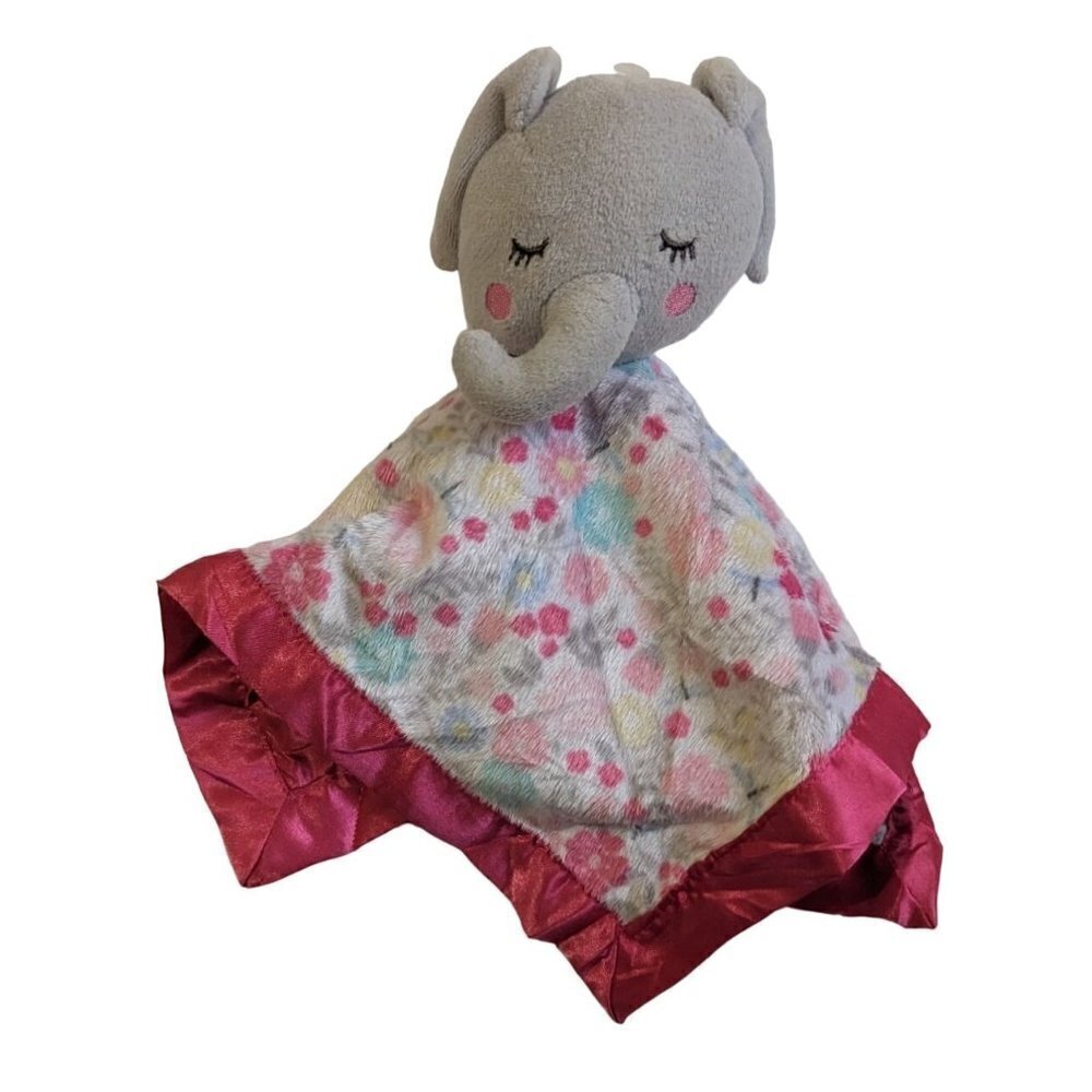 Parents Choice Elephant Security Blanket Lovey Floral Pink Grey Satin Trim 12in